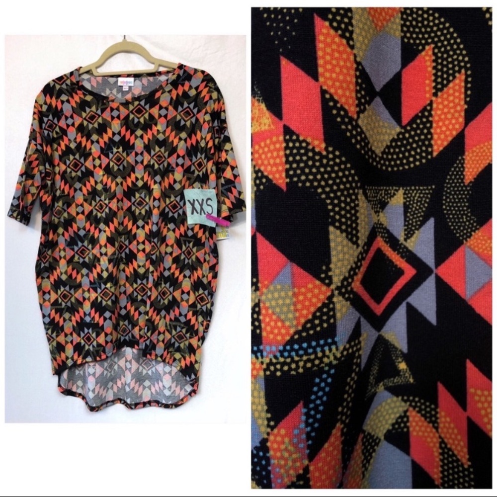 LuLaRoe Irma Tunic XXS Black Geometric Print High-Low Oversized Top NWT